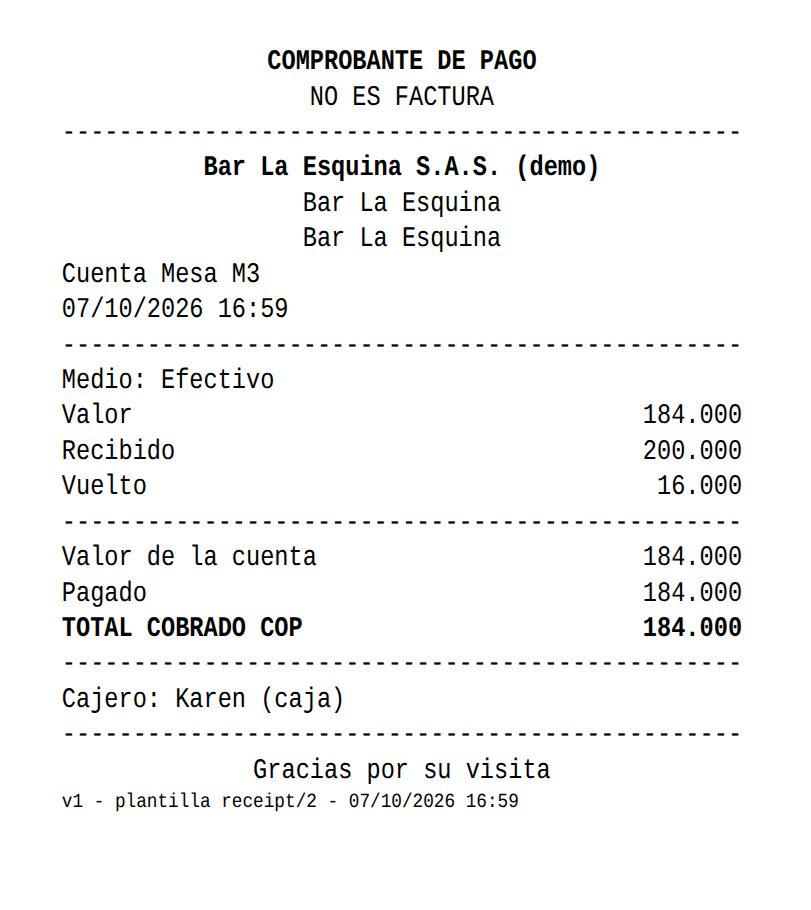 Comprobante de pago: medio, recibido, vuelto y cajero