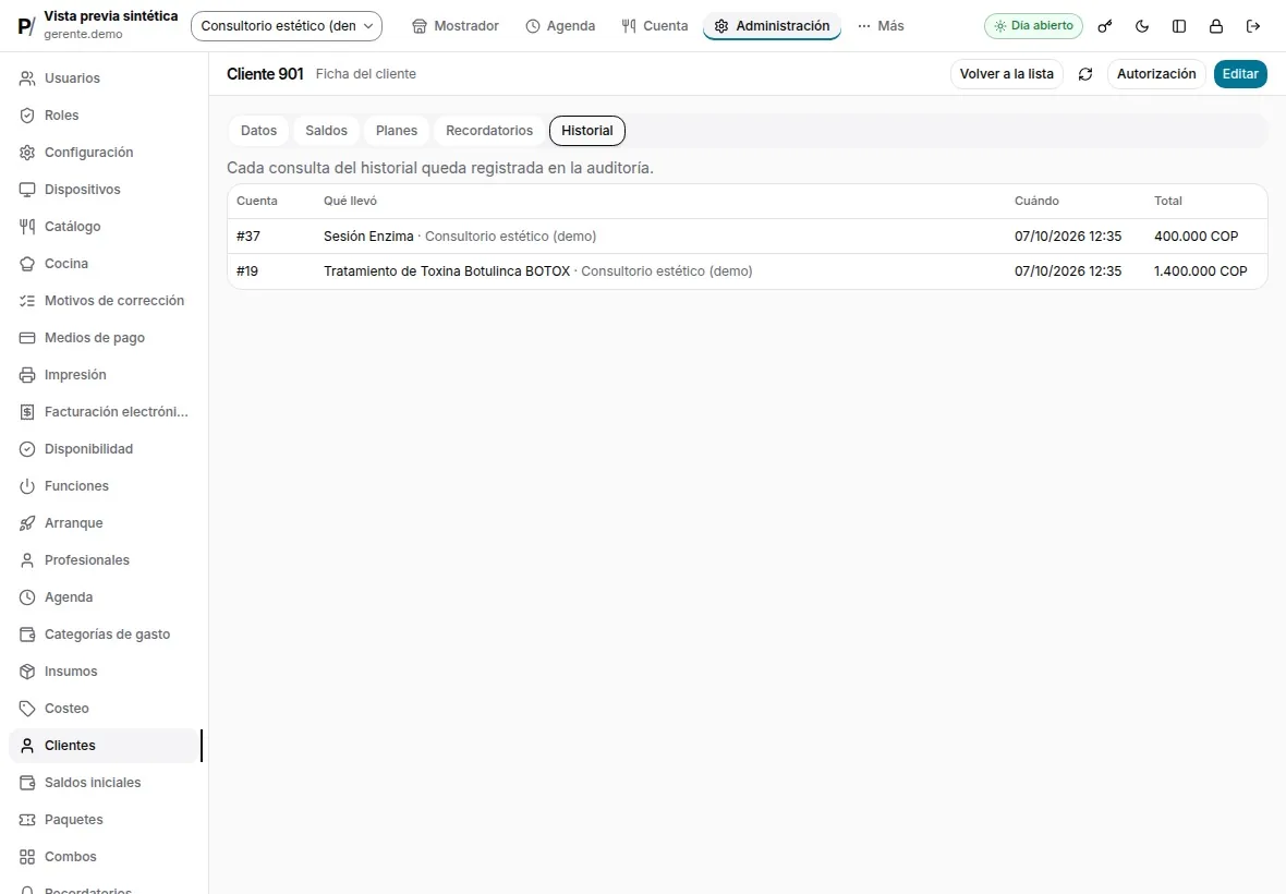 Ficha de cliente con su historial