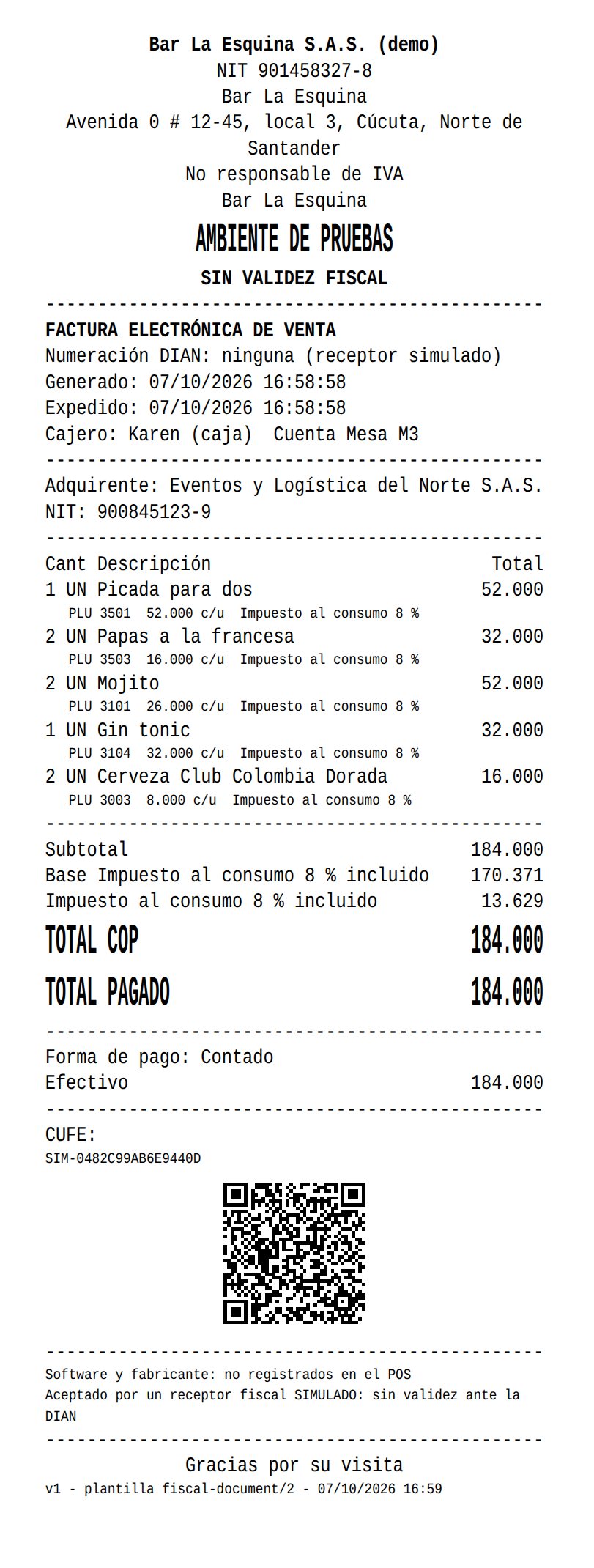 La factura electrónica impresa: adquirente, impuesto al consumo, CUFE y QR (demo: ambiente de pruebas)
