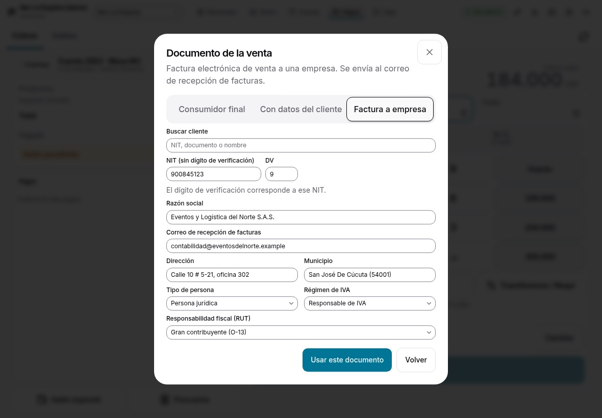 Los datos de la empresa para la factura electrónica, con el NIT y su dígito de verificación validados