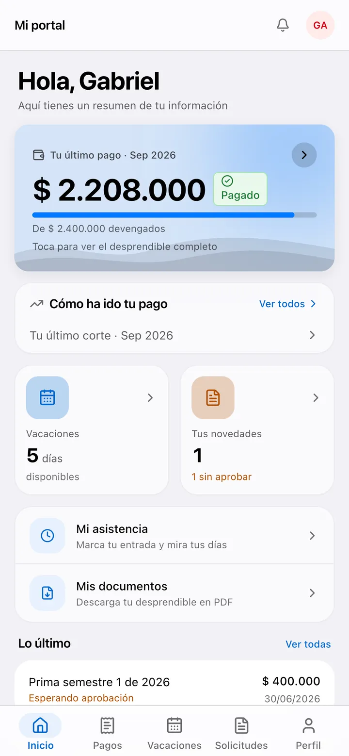 Inicio del portal con el último pago y las vacaciones disponibles.