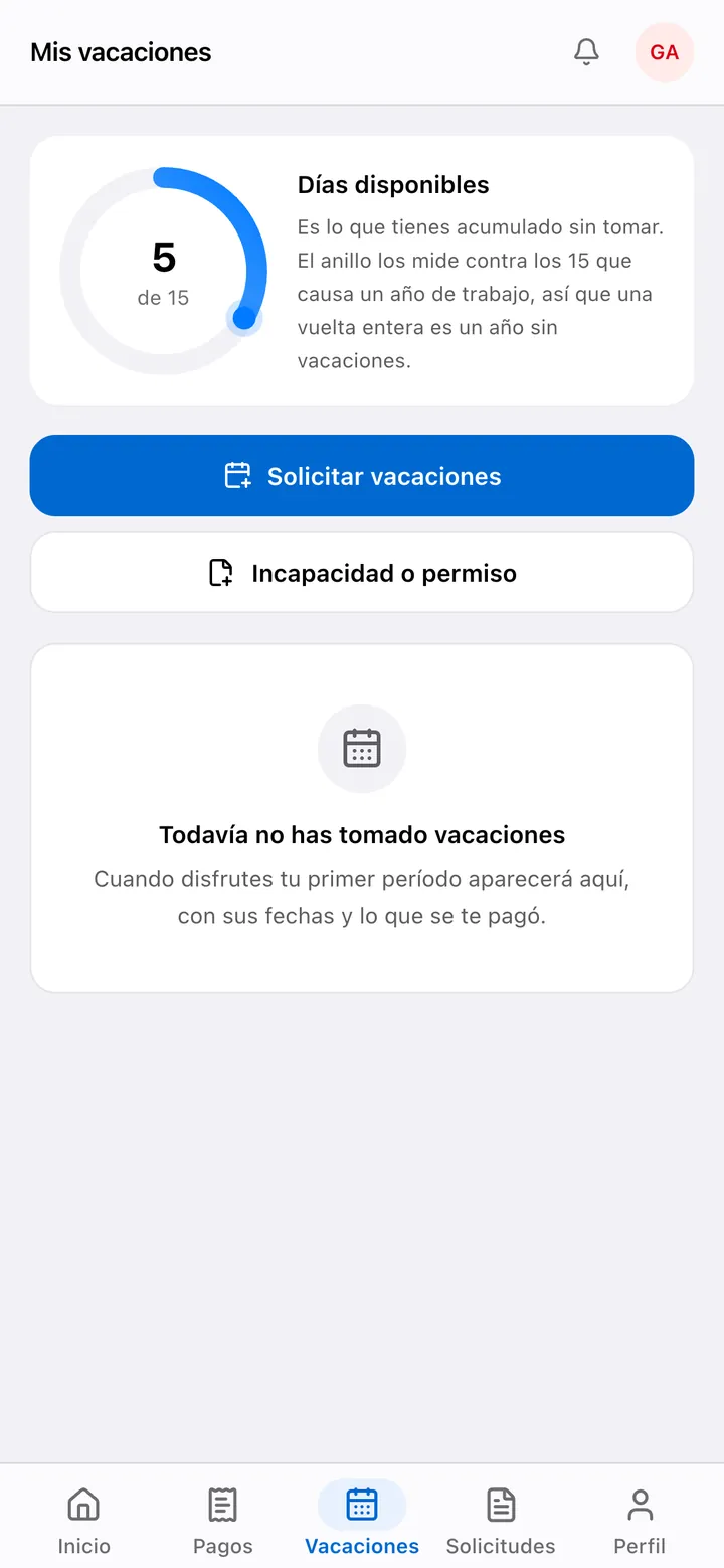 Vacaciones: días disponibles y botón para solicitarlas.
