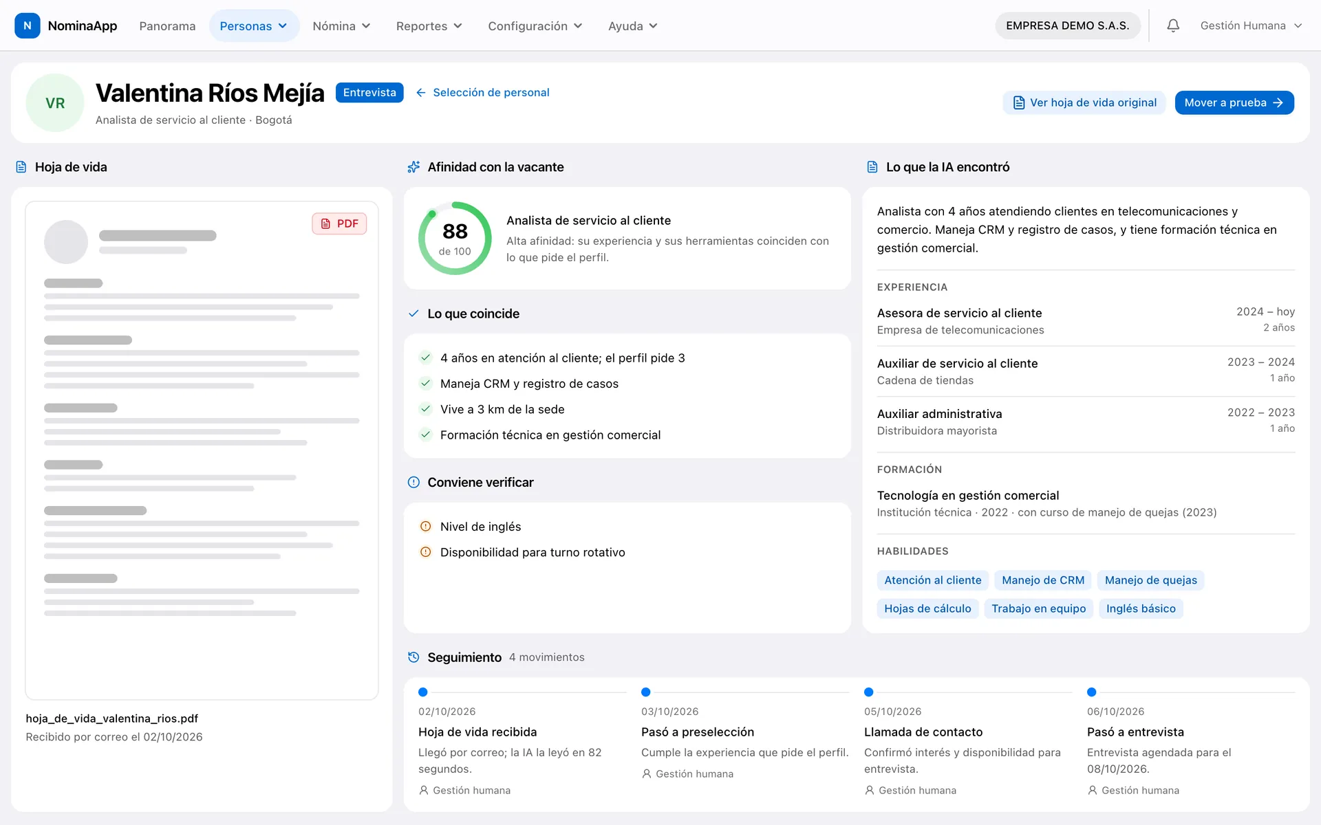 Ficha de una candidata con su afinidad, lo que coincide y lo que conviene verificar.
