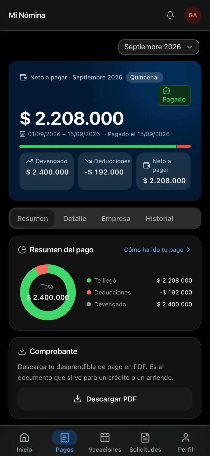 Desprendible de pago en modo oscuro.