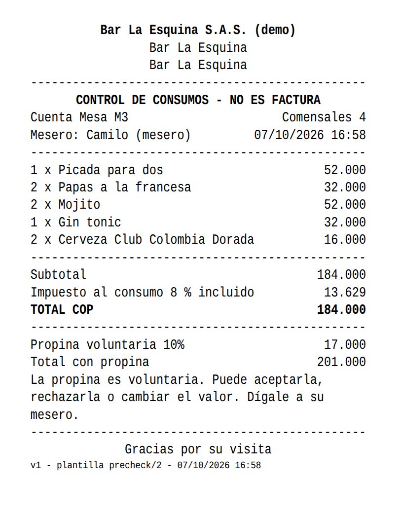 Precuenta: control de consumos de la mesa, con la propina voluntaria sugerida