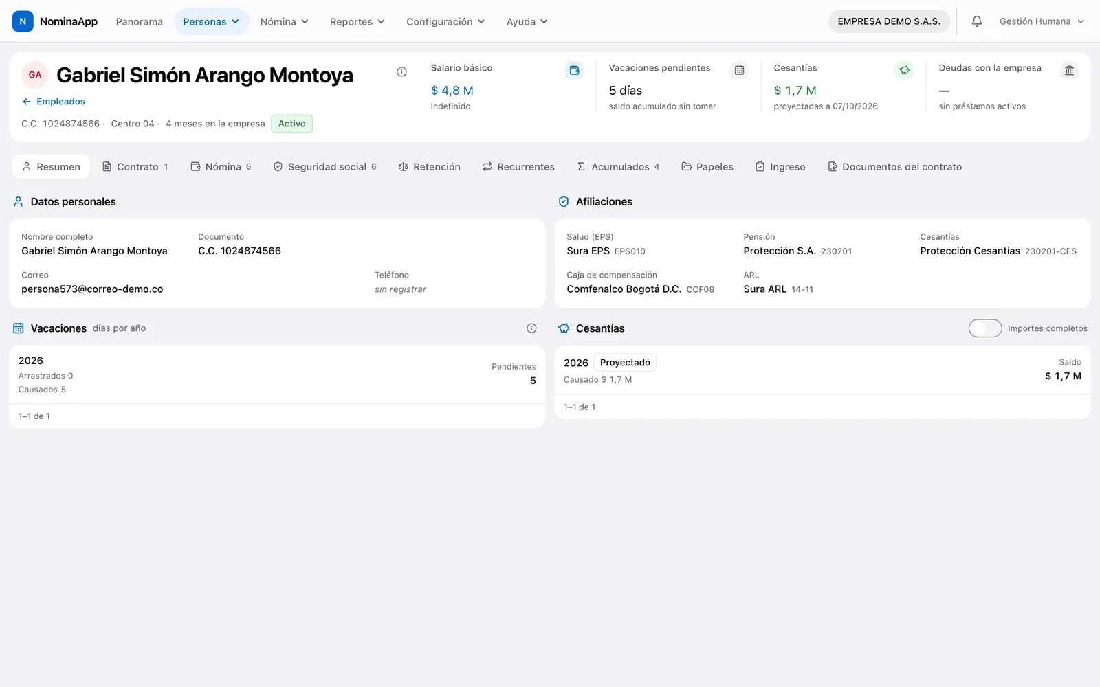Ficha del empleado con datos personales, afiliaciones, vacaciones y cesantías