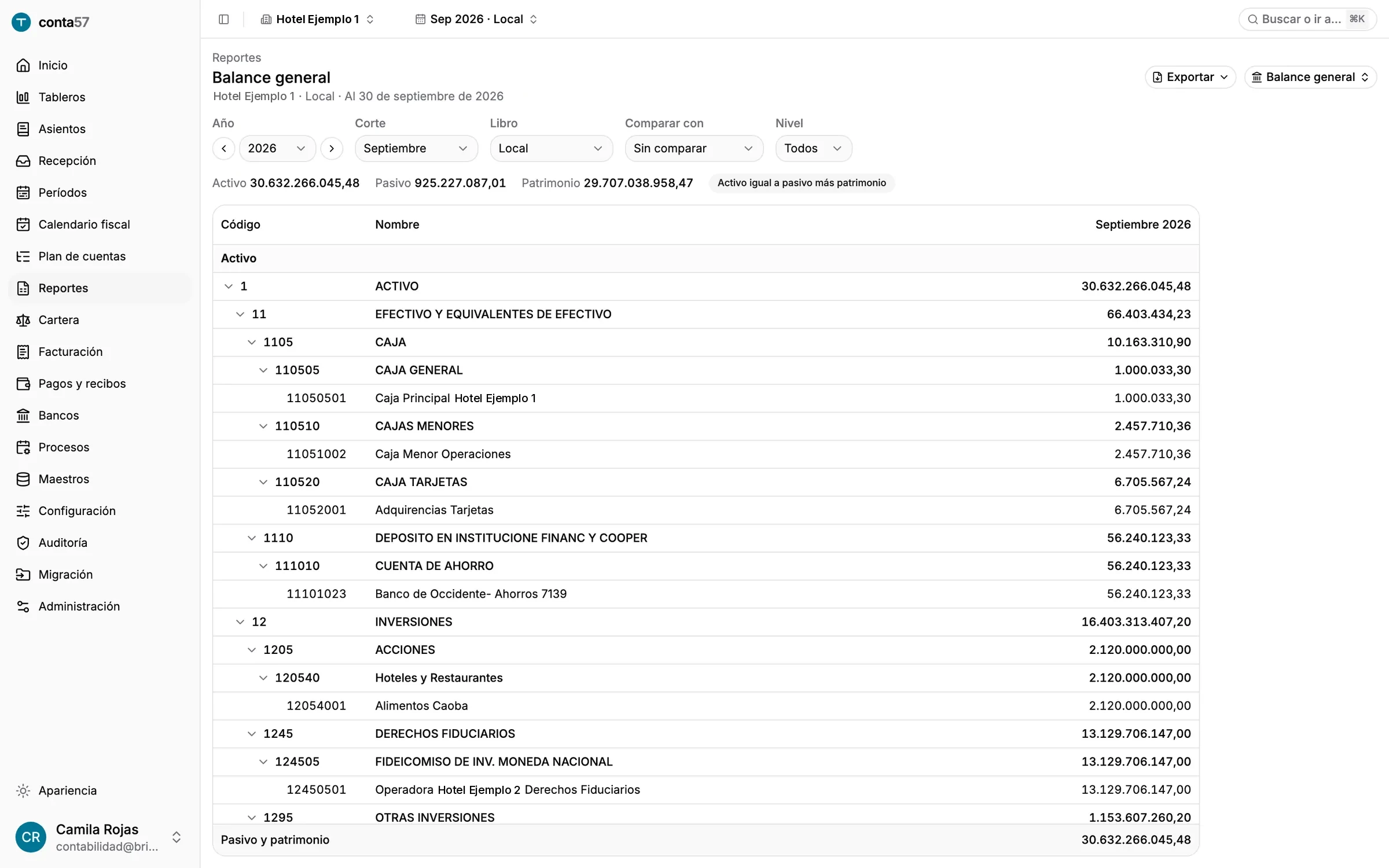Balance general al 30 de septiembre: activo, pasivo y patrimonio por cuenta, con la marca de que el activo es igual al pasivo más el patrimonio.
