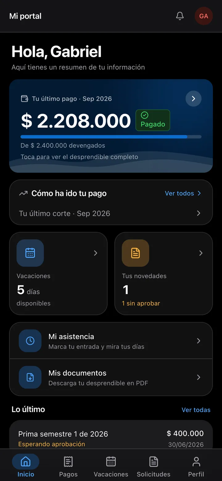 Portal del empleado en modo oscuro con su último pago.