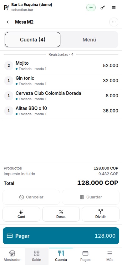 La cuenta de una mesa en el celular del mesero