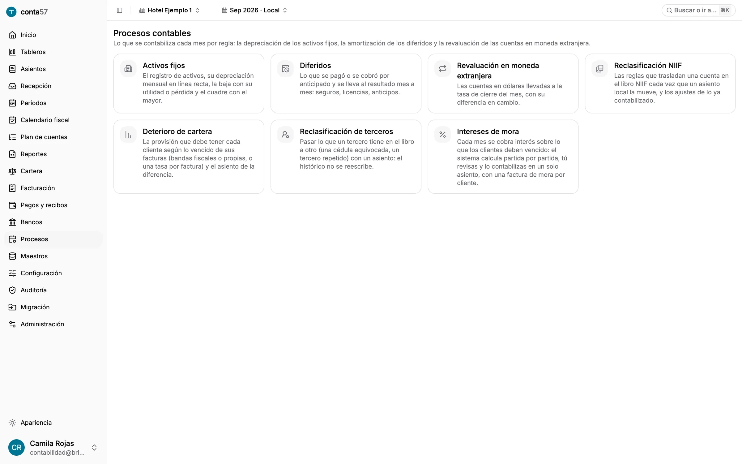 Procesos contables: activos fijos, diferidos, revaluación en moneda extranjera, reclasificación NIIF, deterioro de cartera, reclasificación de terceros e intereses de mora.