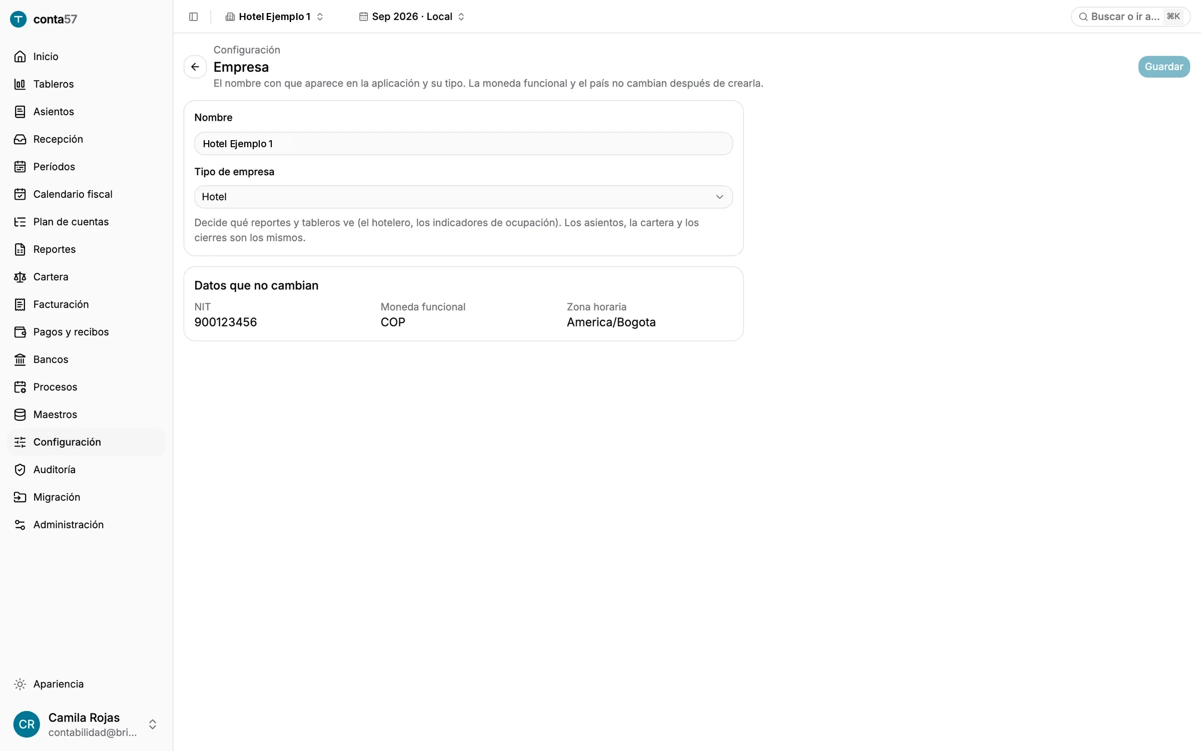 Configuración de la empresa: nombre y tipo de empresa. El tipo decide qué reportes y tableros ve; los asientos, la cartera y los informes son los mismos.