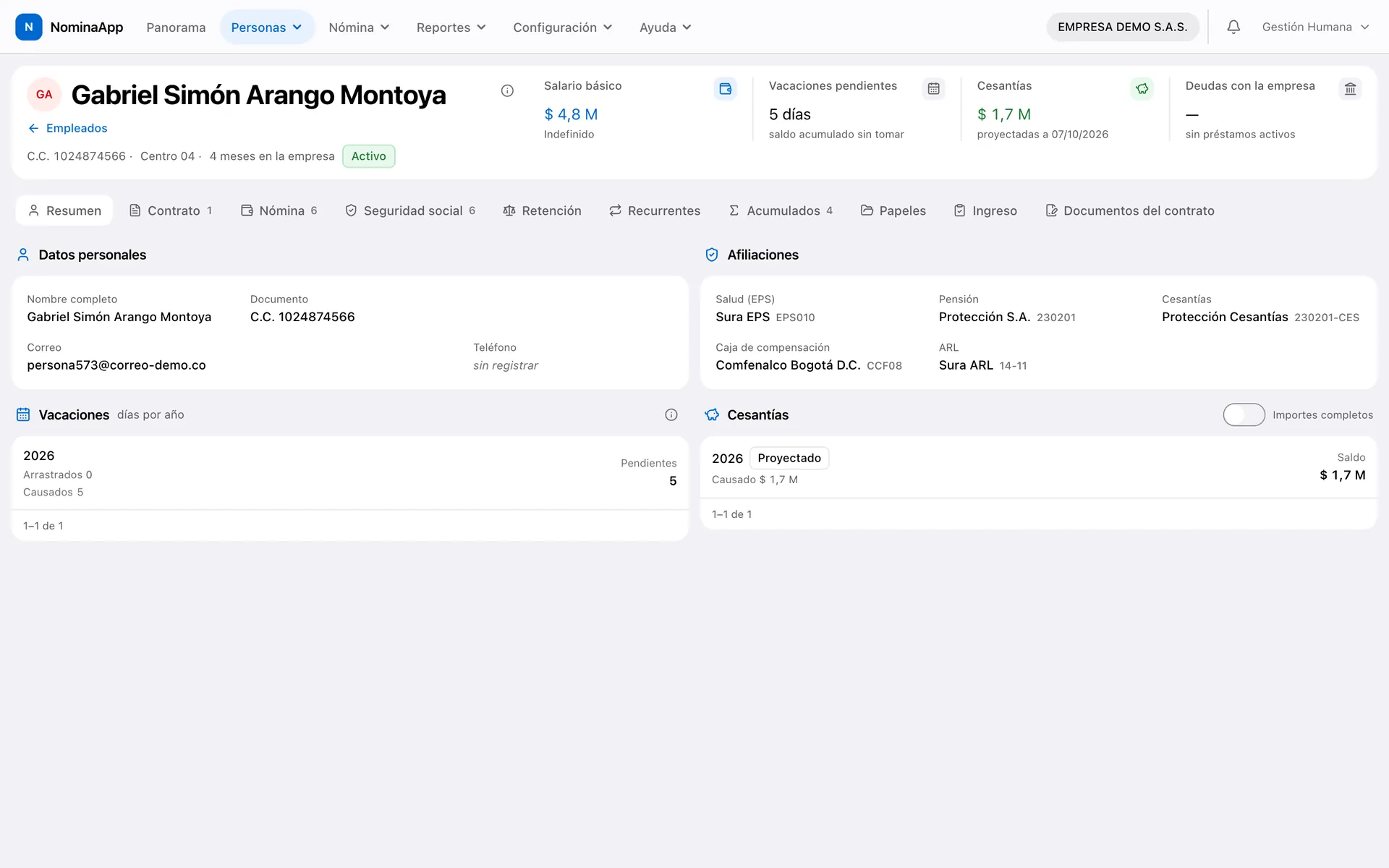 Ficha del empleado con datos personales, afiliaciones, vacaciones y cesantías.