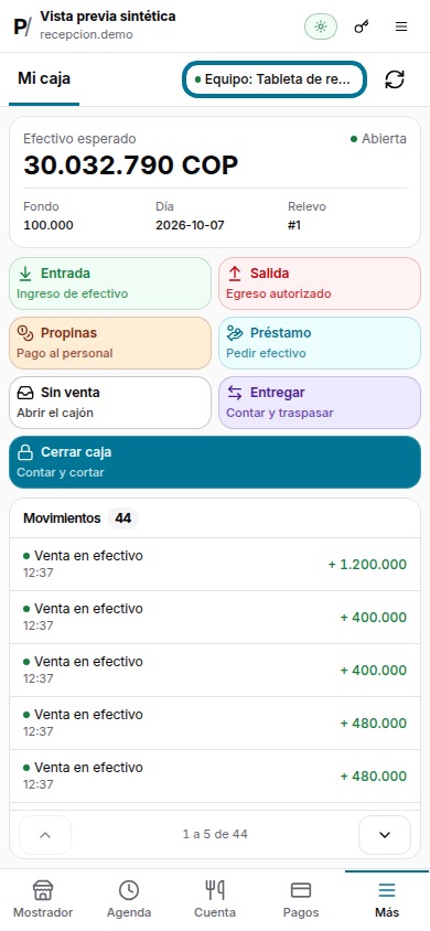 La caja del día con el efectivo esperado en el celular